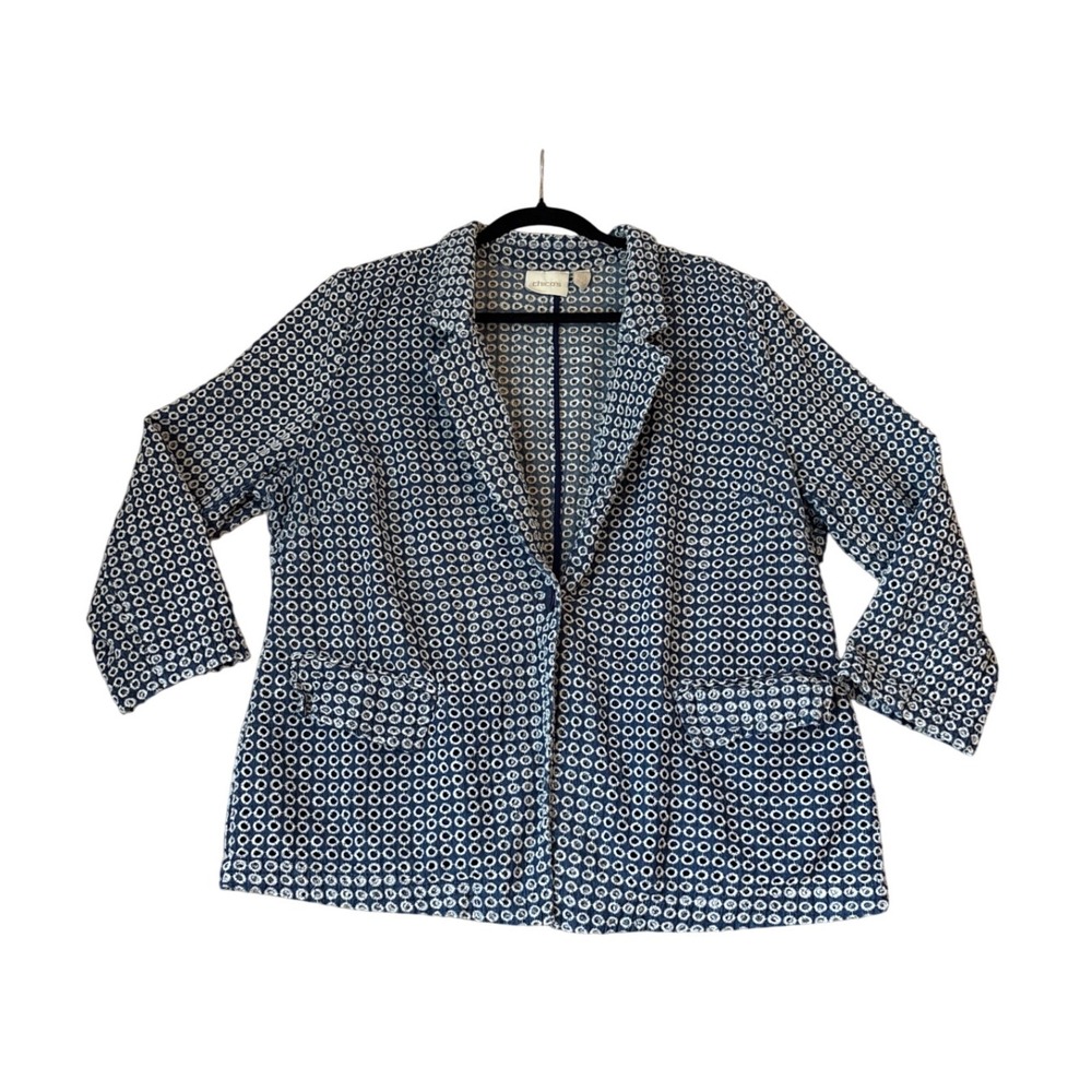 Chico's Blazer Women Blue White Eyelet Geometric Boho Jacket SIZE 3